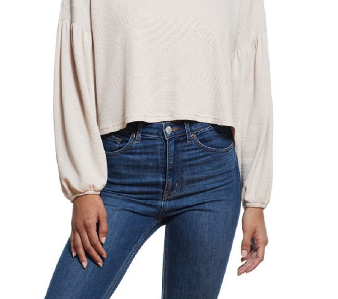 Weatherproof Vintage Women's Drop Shoulder Balloon Sleeve Waffle Crew Neck Top Beige Size Medium