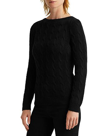 Ralph Lauren Women's Cable Knit Boat Neck Cotton Sweater Black Size Large