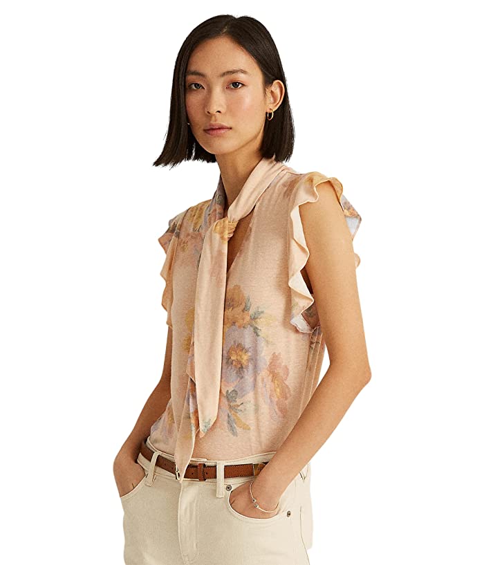 Ralph Lauren Women's Floral Tie Neck Top Brown Size Large