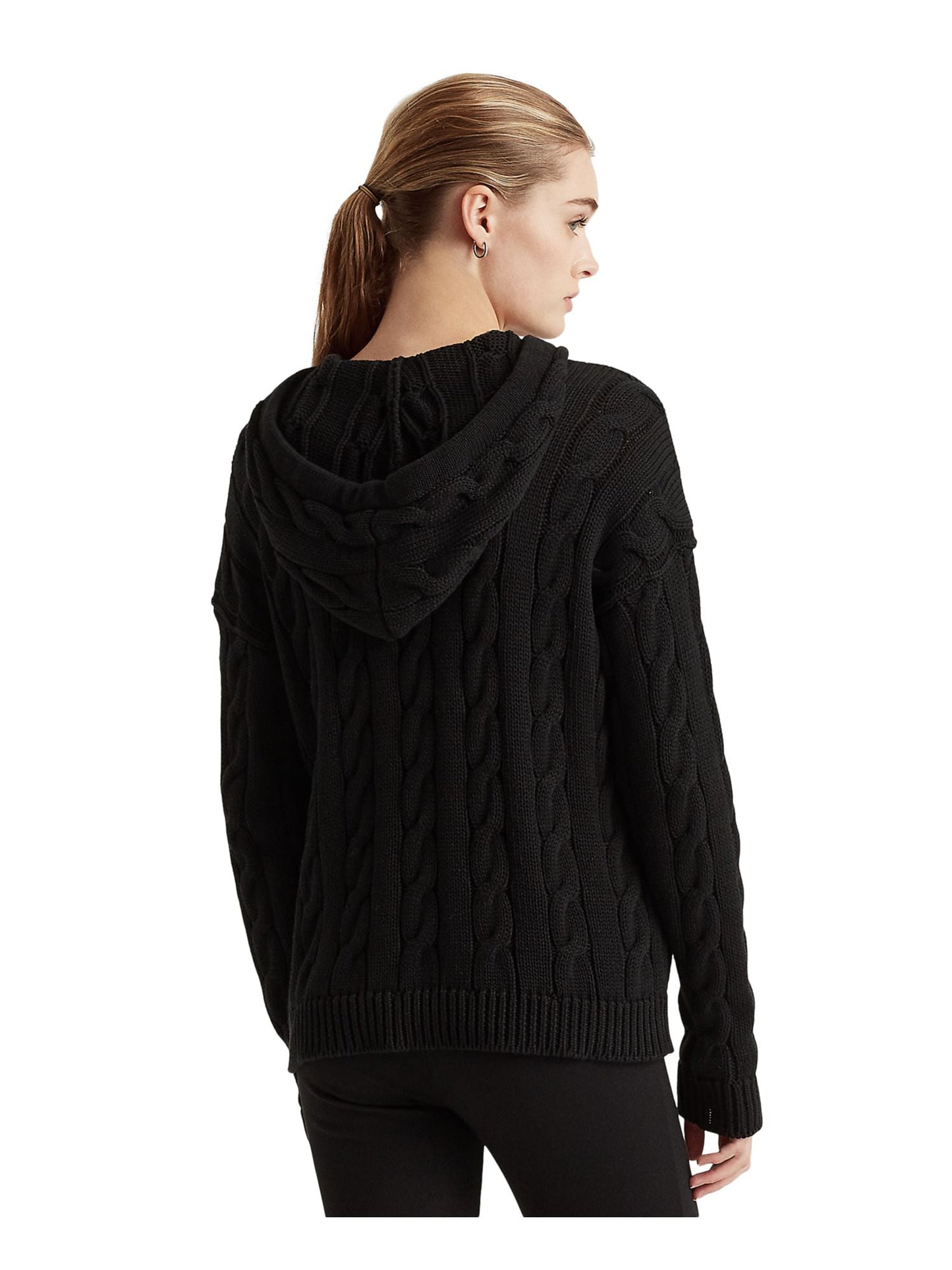 Ralph Lauren Women's Ribbed Drawstring Long Sleeve Hoodie Sweater Black Size Large