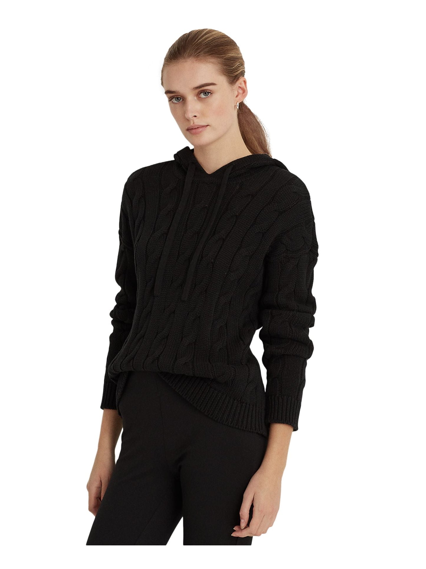 Ralph Lauren Women's Ribbed Drawstring Long Sleeve Hoodie Sweater Black Size Large