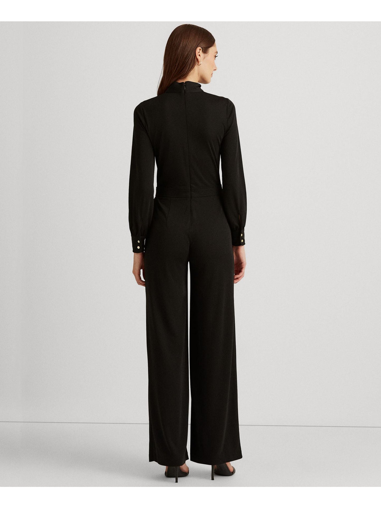Ralph Lauren Women's Zippered Pocketed Long Sleeve Tie Neck Party Wide Leg Jumpsuit Black Size 2