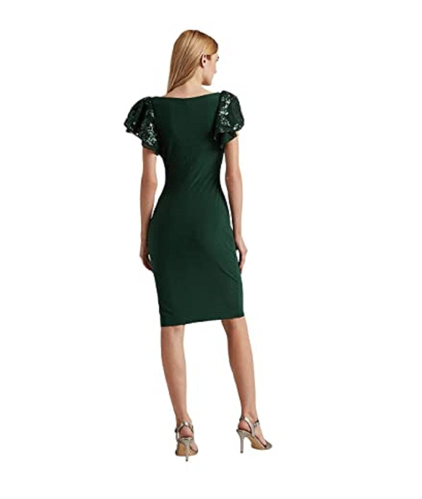 Ralph Lauren Women's Jersey Sequin Sleeve Cocktail Dress Green Size 18