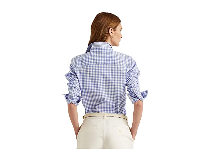 Ralph Lauren Women's Check Cuffed Sleeve Collared Button Up Top Blue Size Small