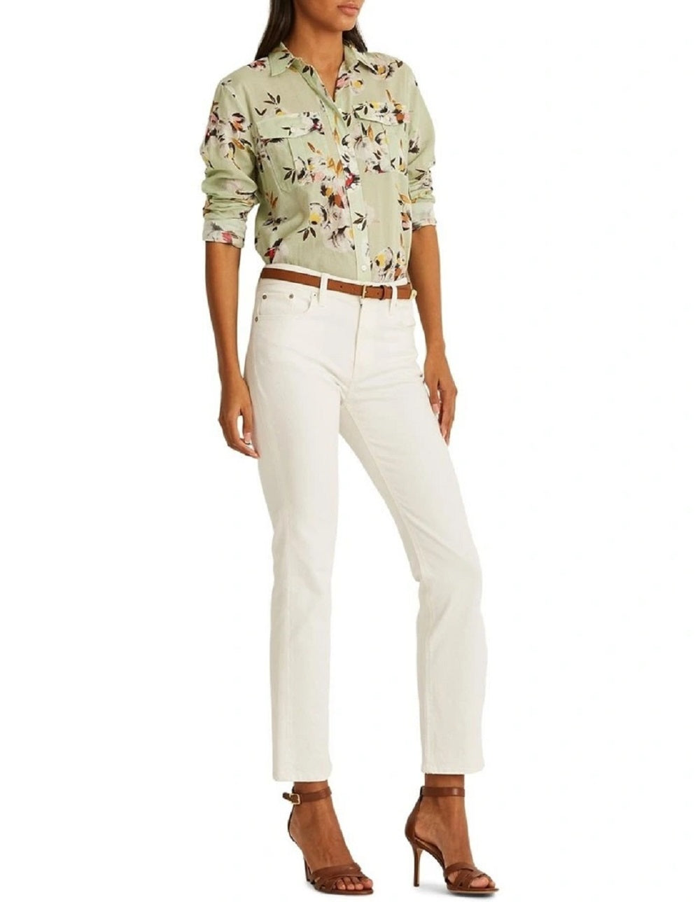 Ralph Lauren Women's Floral Cotton Voile Shirt Green Size Medium