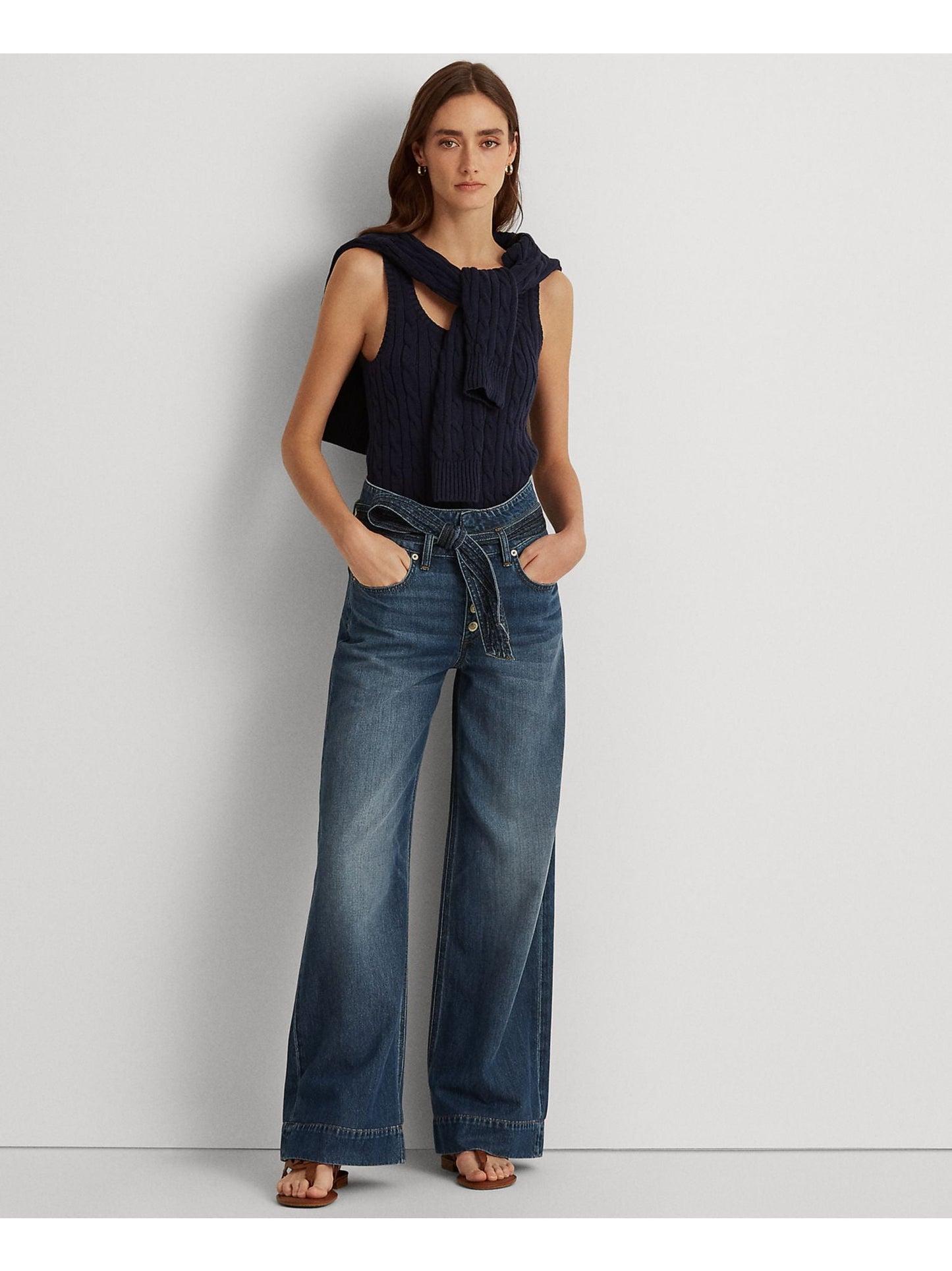 Ralph Lauren Women's Denim Pocketed Straight Leg Button Fly Tie Belt High Waist Jeans Blue Size 18