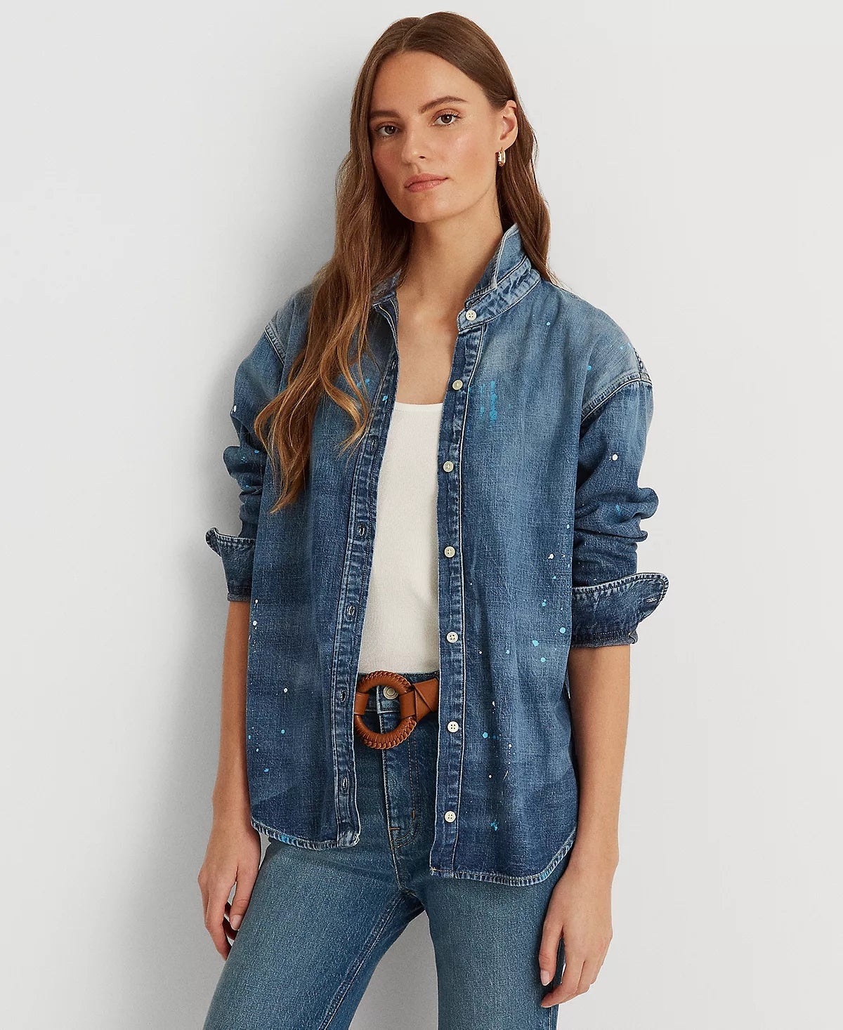 Ralph Lauren Women's Paint Splatter Denim Shirt Blue Size Medium