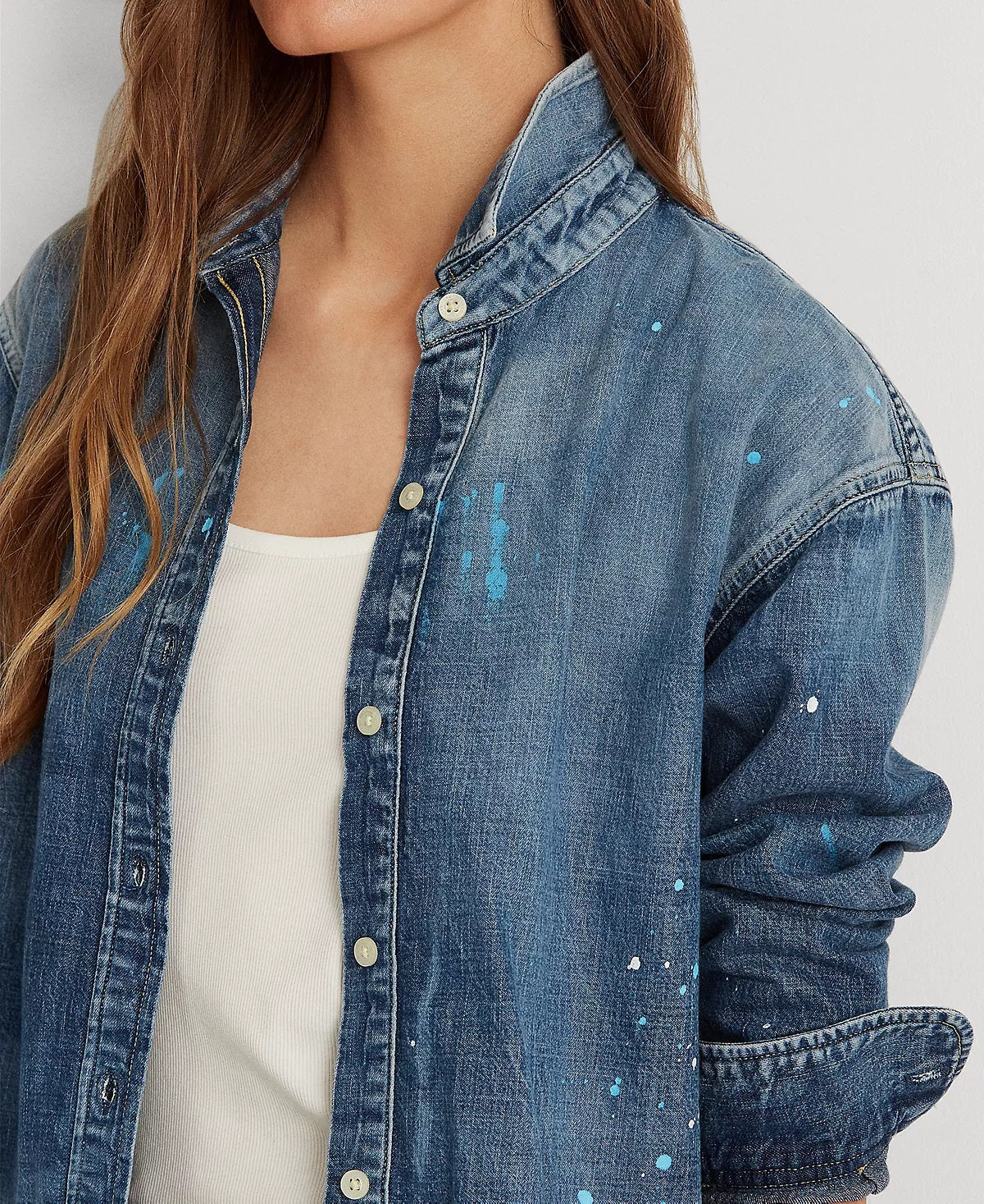 Ralph Lauren Women's Paint Splatter Denim Shirt Blue Size Medium