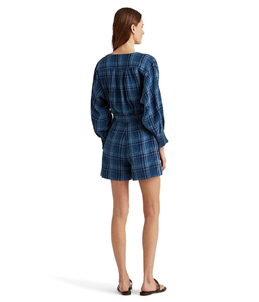 Ralph Lauren Women's Plaid Tissue Linen Romper Blue Size 12