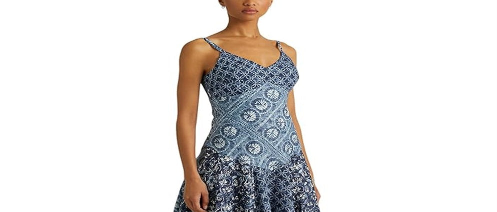 Ralph Lauren Women's Patchwork Print Linen Sleeveless Dress Blue Size 10 Petite