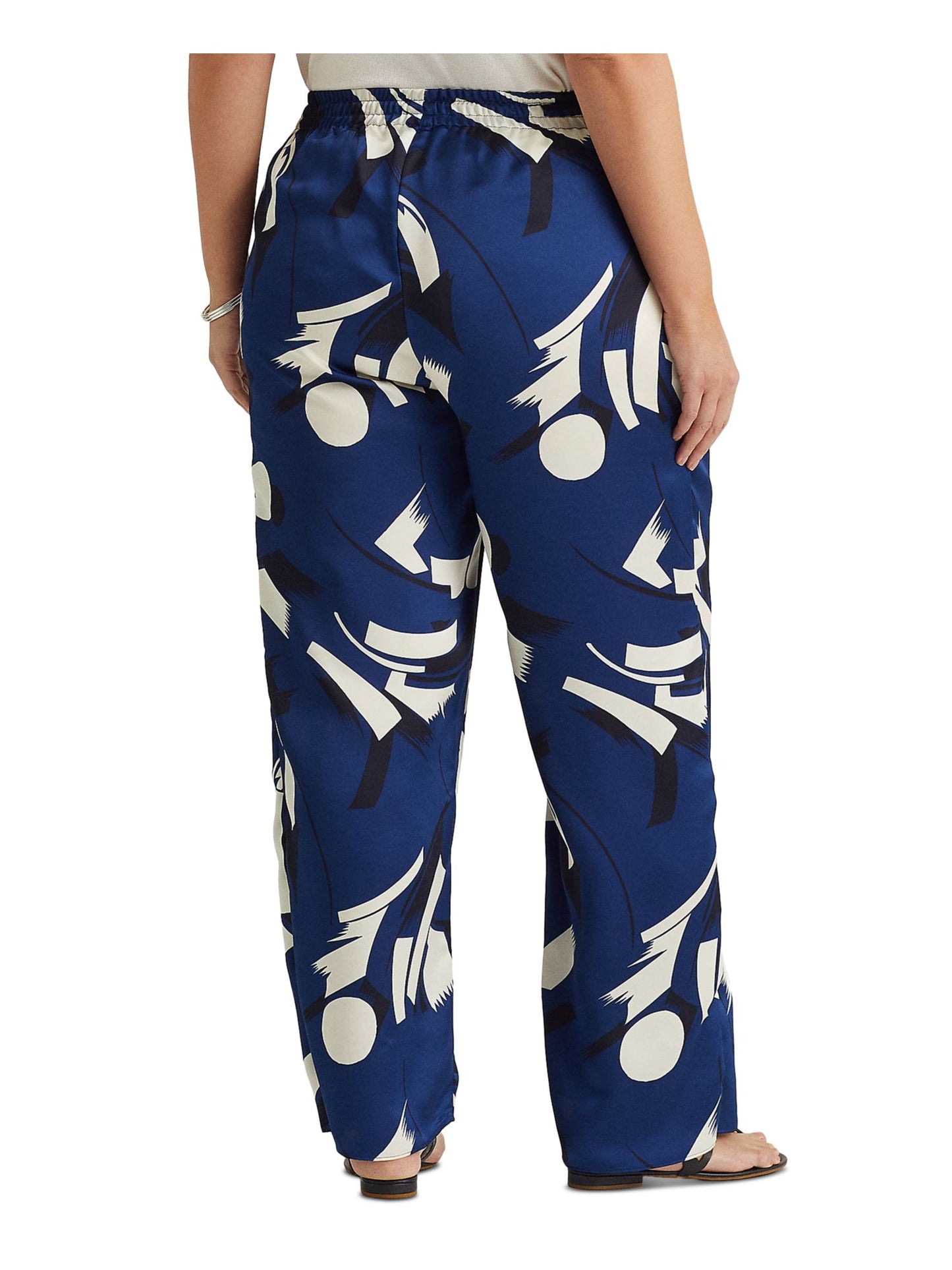 Ralph Lauren Women's Geometric Print Charmeuse Wide Leg Pants Blue Size 3X