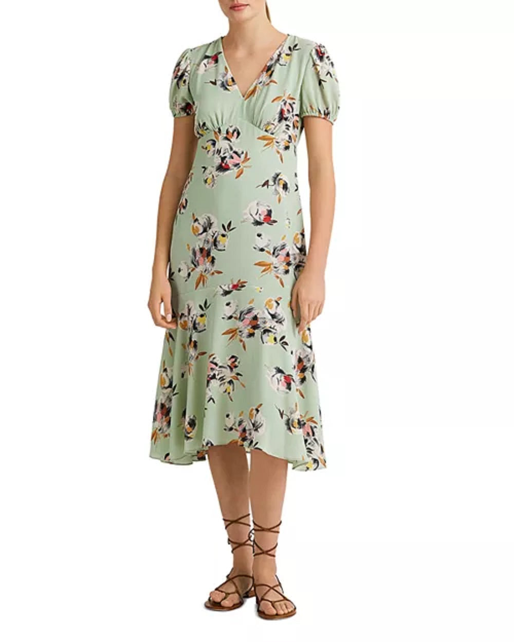 Ralph Lauren Women's V Neck Midi Wear To Work Fit Flare Dress Green Size 14