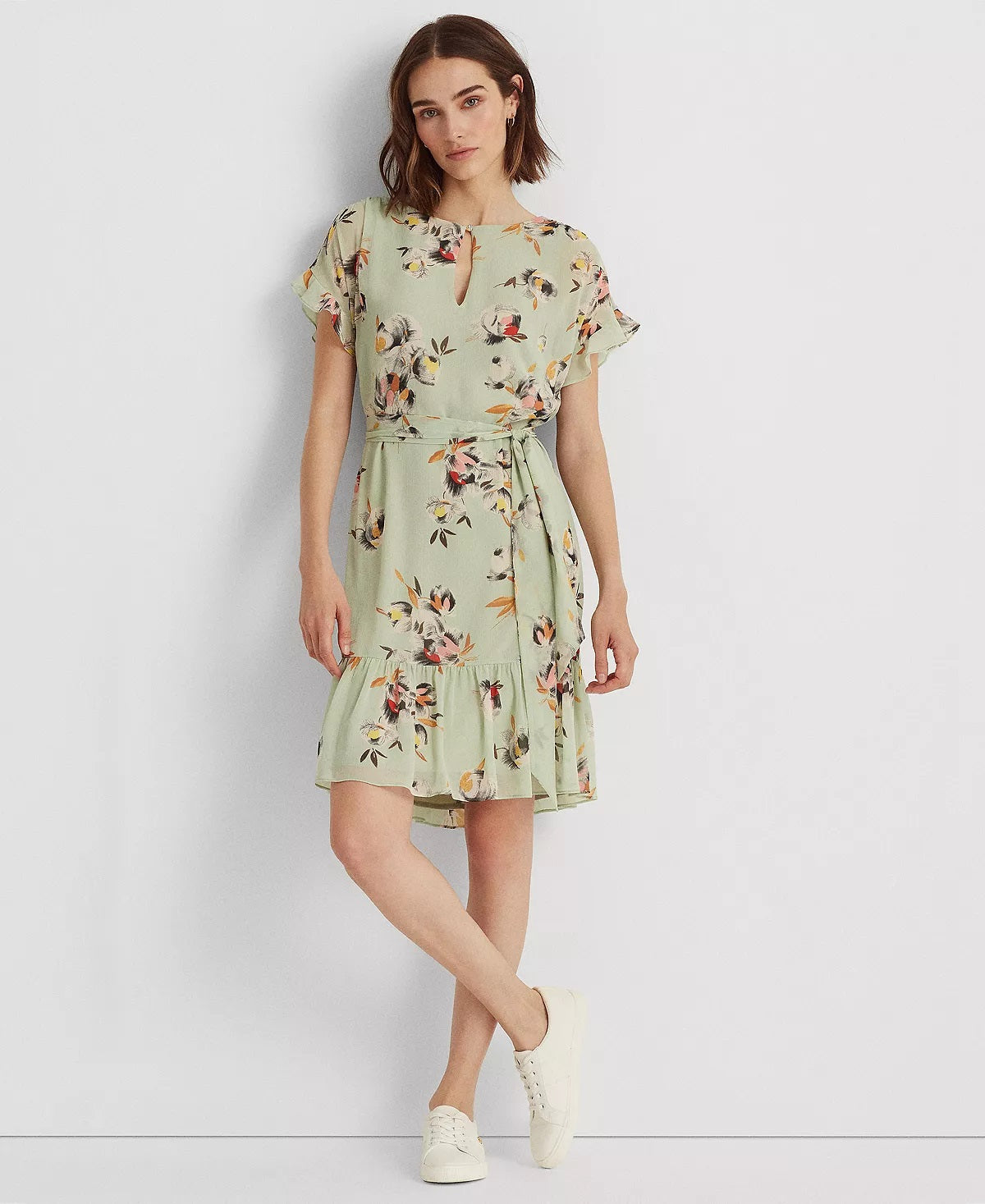 Ralph Lauren Women's Floral Crinkled Georgette Dress Green Size 14
