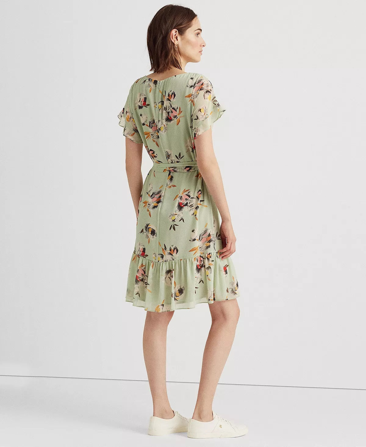 Ralph Lauren Women's Floral Crinkled Georgette Dress Green Size 14