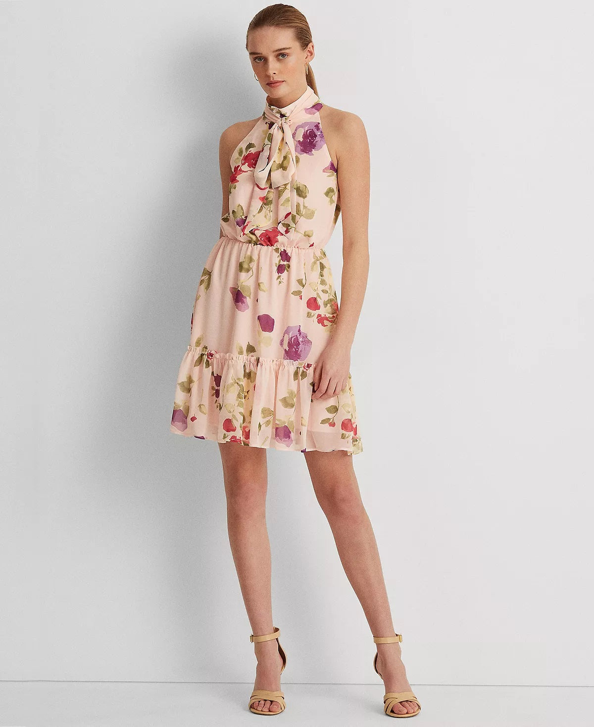 Ralph Lauren Women's Floral Chiffon Sleeveless Dress Pink Size 14
