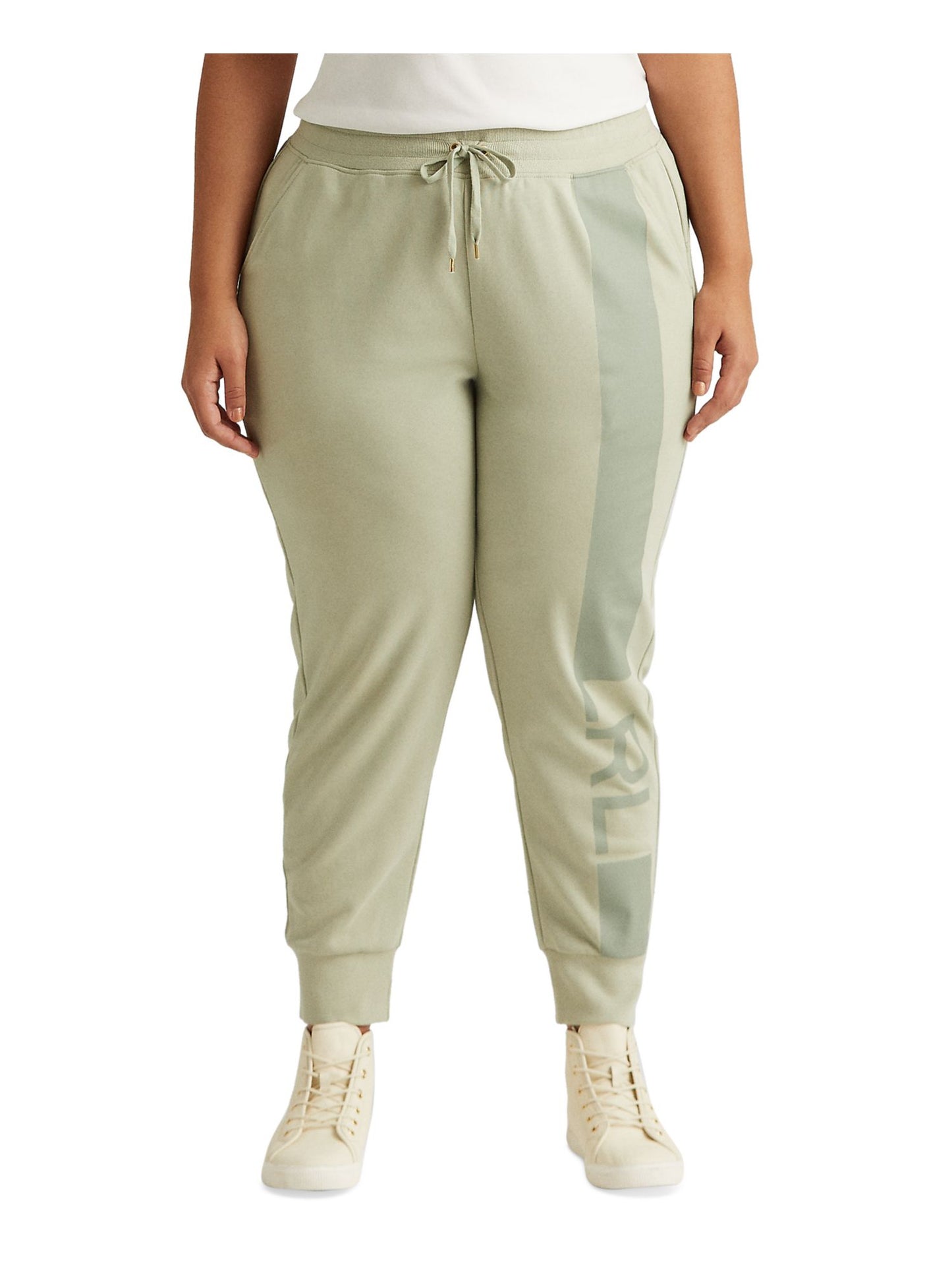 Ralph Lauren Women's Pocketed Drawstring Jogger Ankle Length Logo Graphic Skinny Pants Green Size 1X