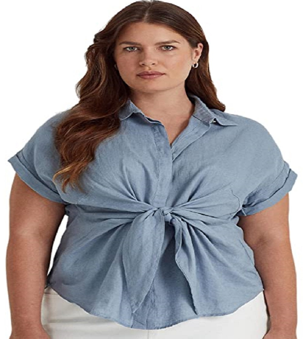Ralph Lauren Women's Tie Front Linen Shirt Blue Size 1X