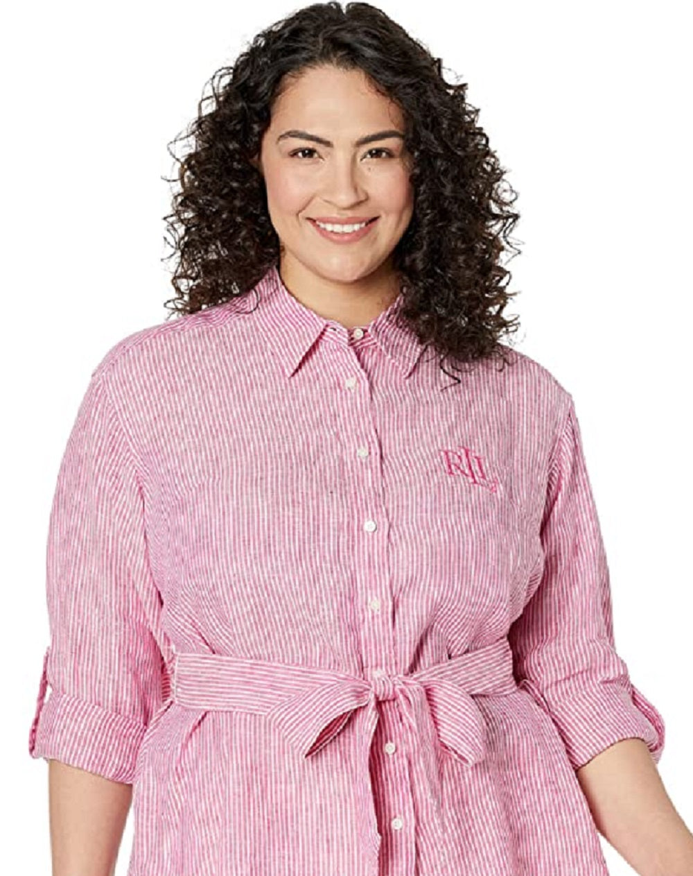 Ralph Lauren Women's Striped Logo Linen Shirt Pink Size 3X