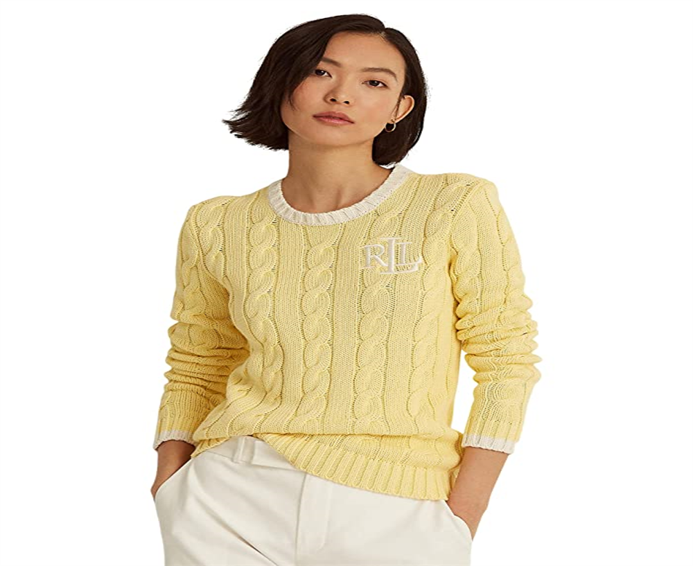 Ralph Lauren Women's Monogram Cable Knit Cotton Sweater Yellow Size Large