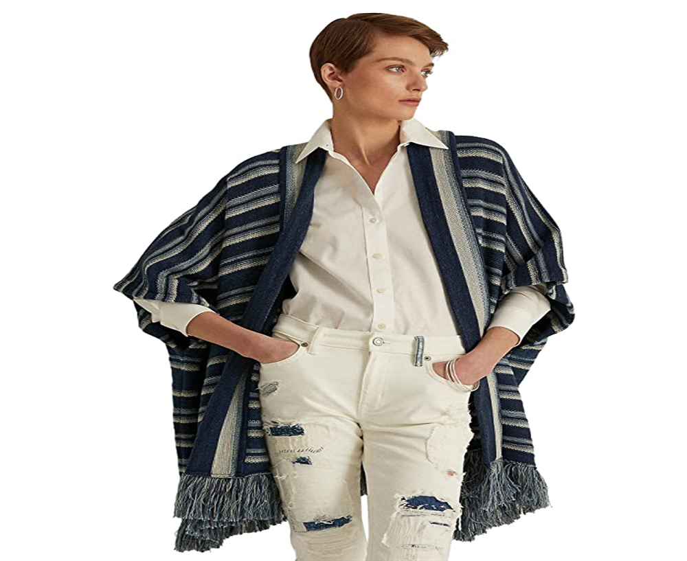 Ralph Lauren Women's Striped Cotton Fringe Trim Cardigan Blue Size Petite X Small