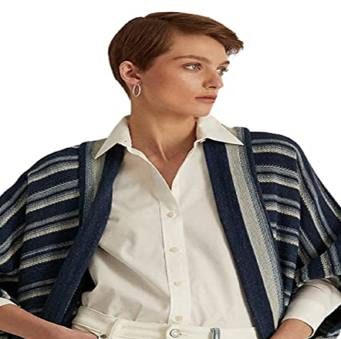 Ralph Lauren Women's Striped Cotton Fringe Trim Cardigan Blue Size Petite X Small