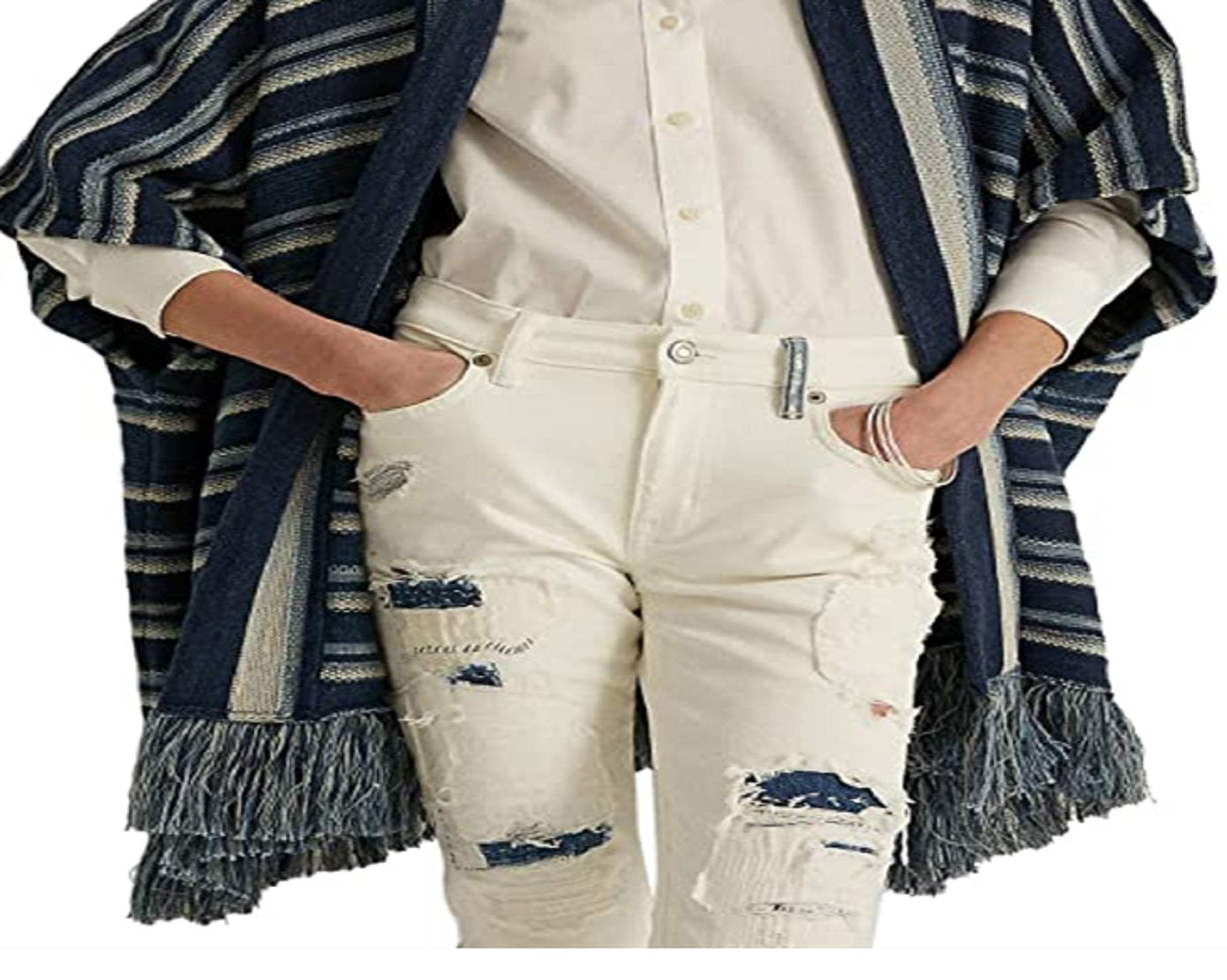 Ralph Lauren Women's Striped Cotton Fringe Trim Cardigan Blue Size Petite X Small