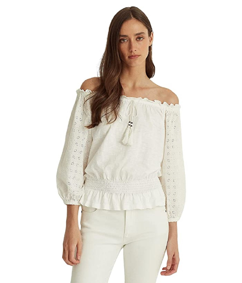 Ralph Lauren Women's Off The Shoulder Jersey Eyelet Blouse White Size Medium