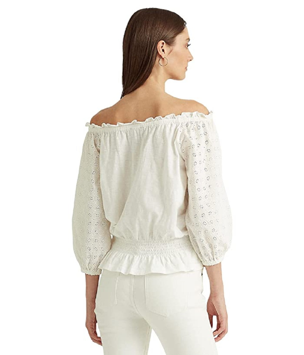 Ralph Lauren Women's Off The Shoulder Jersey Eyelet Blouse White Size Medium