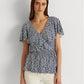 Ralph Lauren Women's Ruffled Tie Hook And Eye Front Floral Flutter Sleeve V Neck Peplum Top Blue Size Small