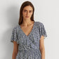 Ralph Lauren Women's Ruffled Tie Hook And Eye Front Floral Flutter Sleeve V Neck Peplum Top Blue Size Small