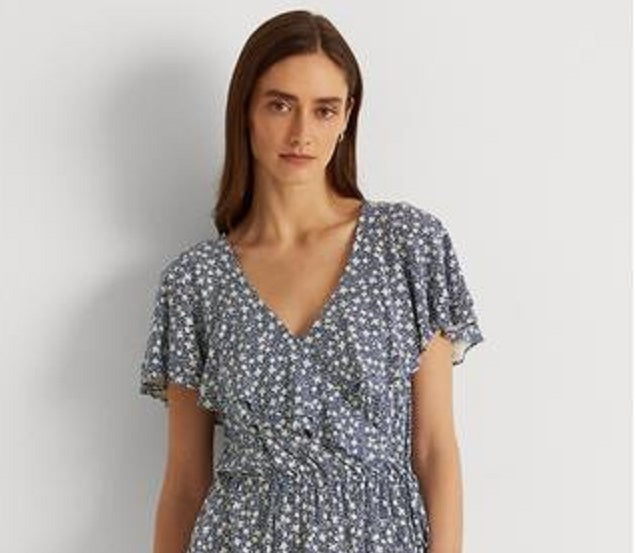 Ralph Lauren Women's Ruffled Tie Hook And Eye Front Floral Flutter Sleeve V Neck Peplum Top Blue Size Small