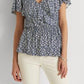 Ralph Lauren Women's Ruffled Tie Hook And Eye Front Floral Flutter Sleeve V Neck Peplum Top Blue Size Small