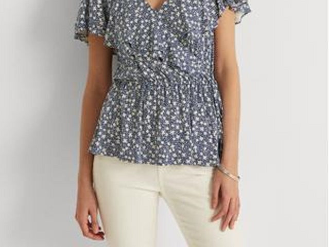 Ralph Lauren Women's Ruffled Tie Hook And Eye Front Floral Flutter Sleeve V Neck Peplum Top Blue Size Small