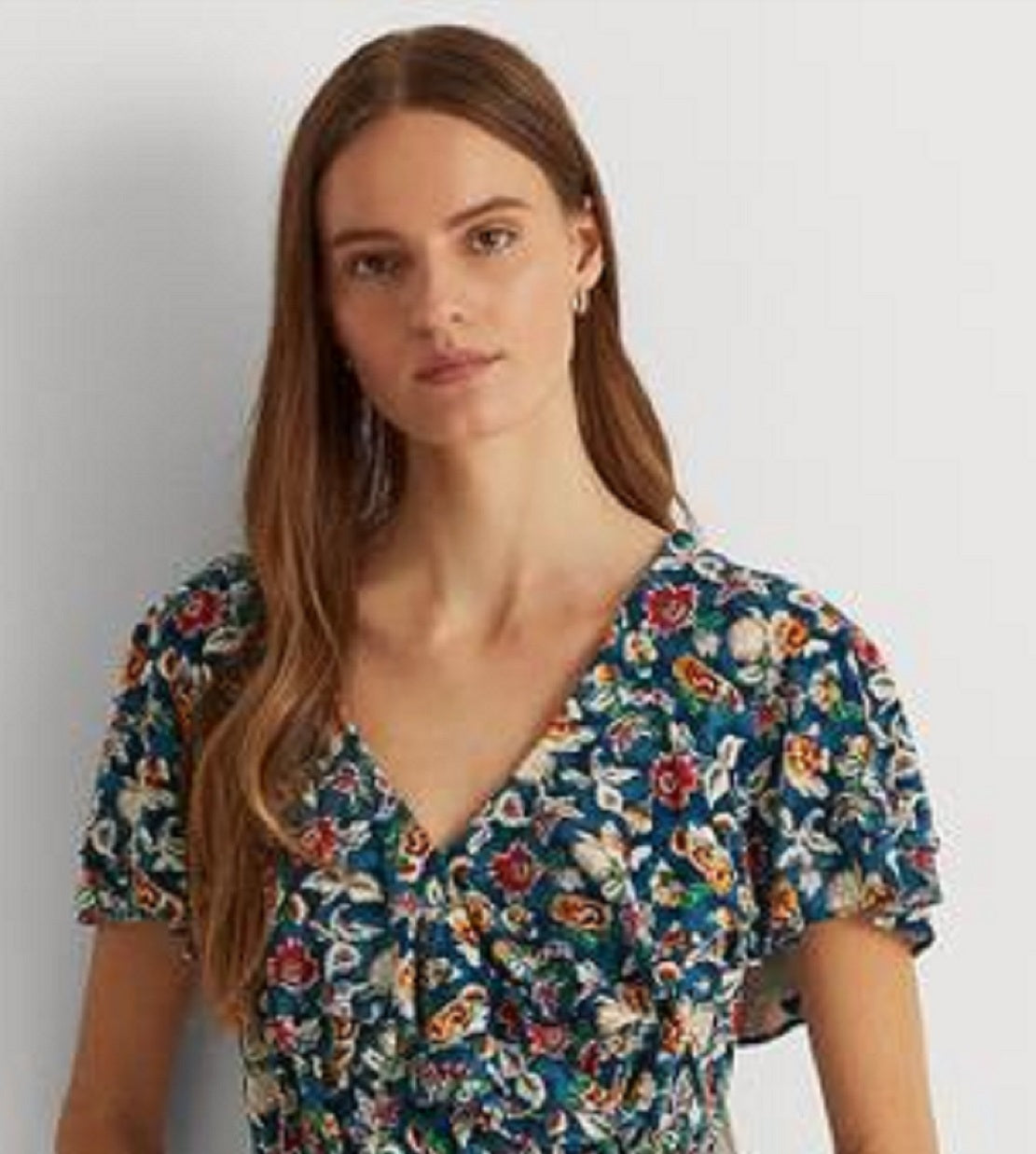 Ralph Lauren Women's Floral Jersey Surplice Top Blue Size X-Large