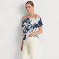 Ralph Lauren Women's Ruffled Elasticized Drawcord Waist Tie Dye Short Sleeve Off Shoulder Top White Size Medium