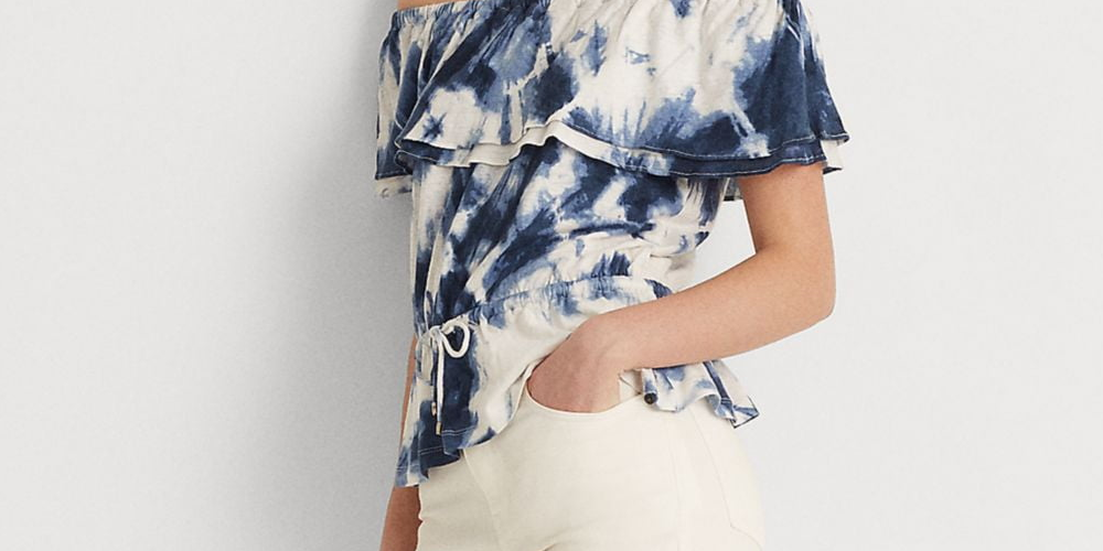 Ralph Lauren Women's Ruffled Elasticized Drawcord Waist Tie Dye Short Sleeve Off Shoulder Top White Size X-Large