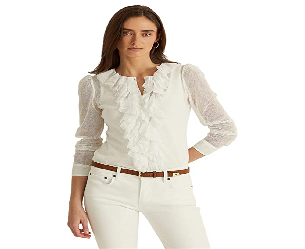 Ralph Lauren Women's Ruffle Trim Tulle Cardigan White Size Petite Large