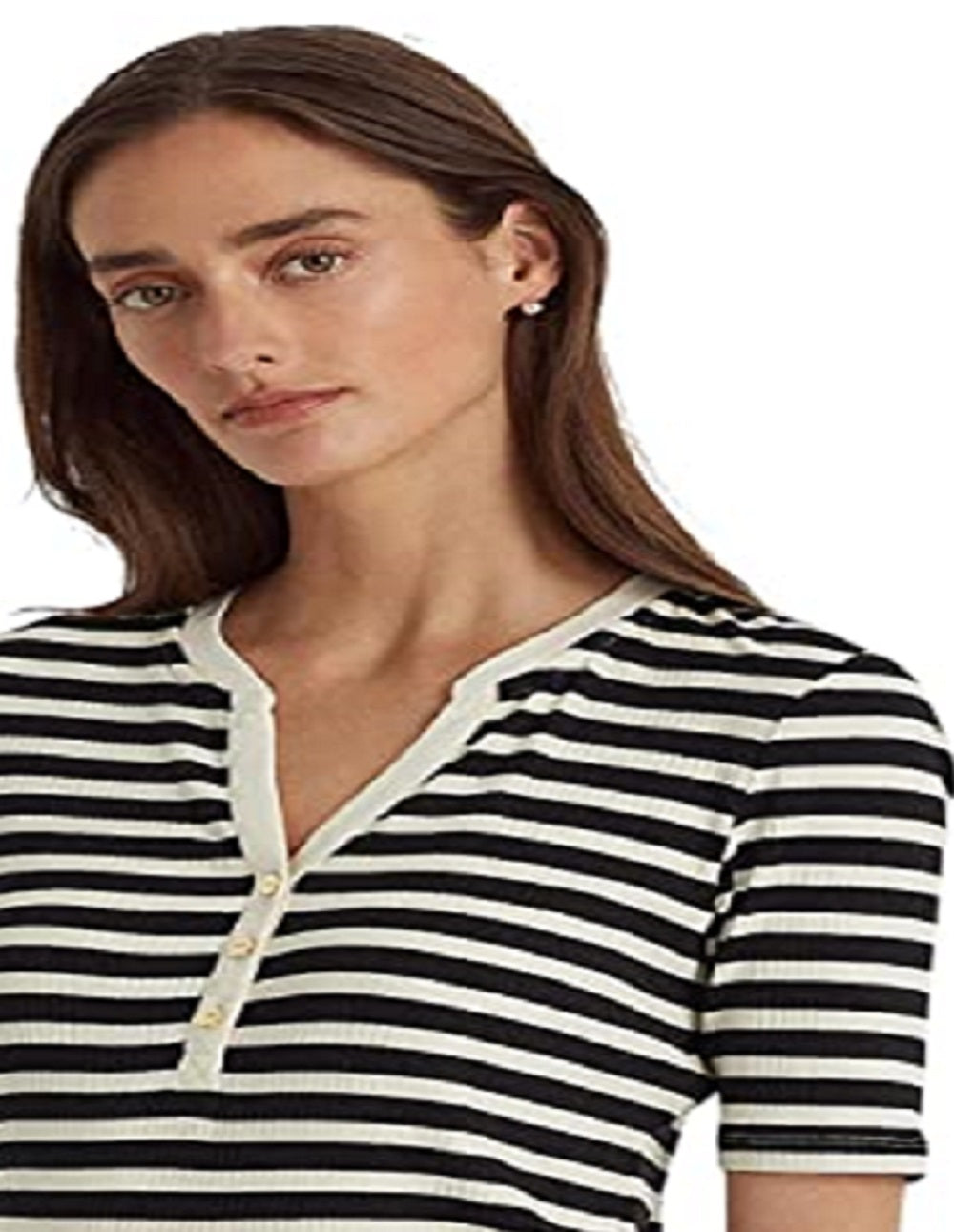 Ralph Lauren Women's Striped Cotton Blend Henley Tee Black Size Large