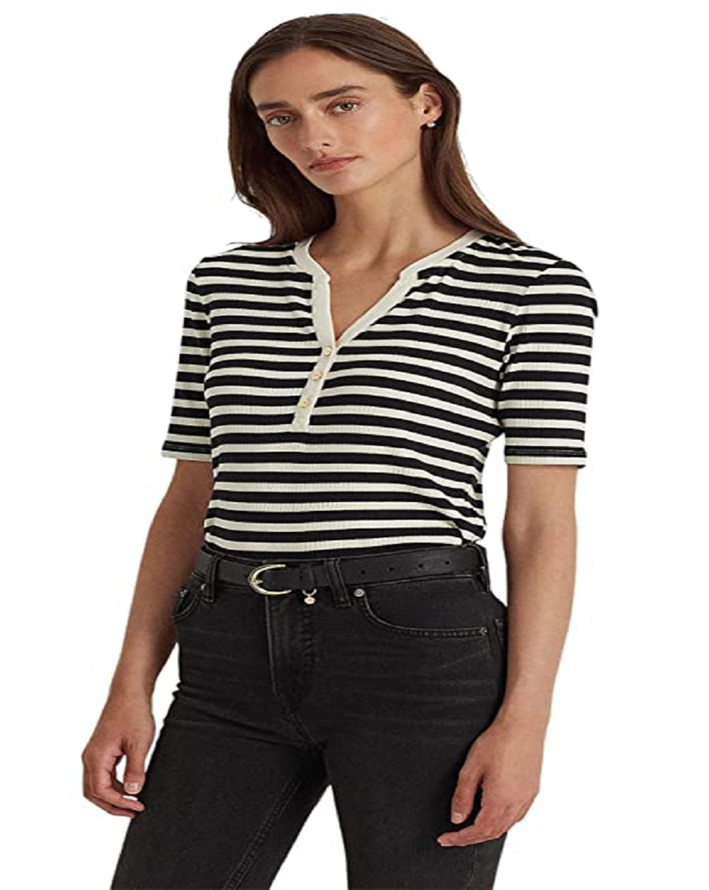 Ralph Lauren Women's Striped Cotton Blend Henley Tee Black Size X Large