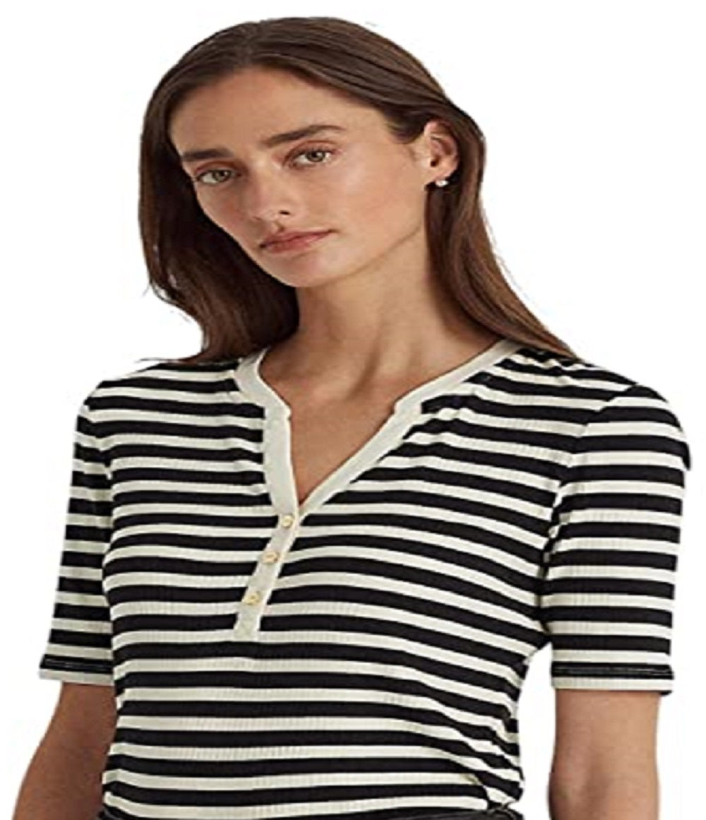 Ralph Lauren Women's Striped Cotton Blend Henley Tee Black Size X Large