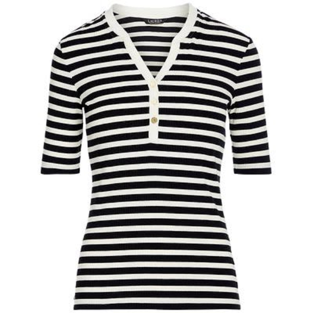 Ralph Lauren Women's Striped Cotton Blend Henley Tee Black Size X-Small