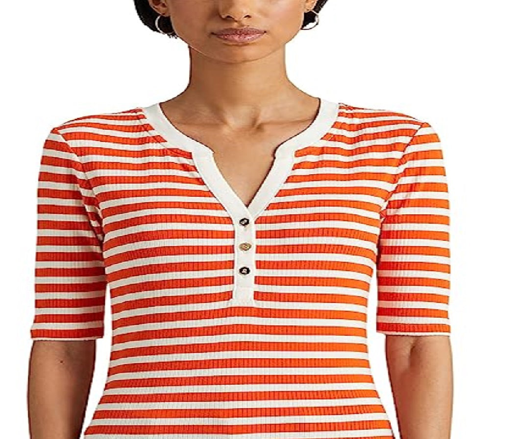 Ralph Lauren Women's Striped Cotton Blend Henley Tee Orange Size Medium