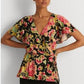 Ralph Lauren Women's Floral Ruffle Trim Surplice Jersey Top Black