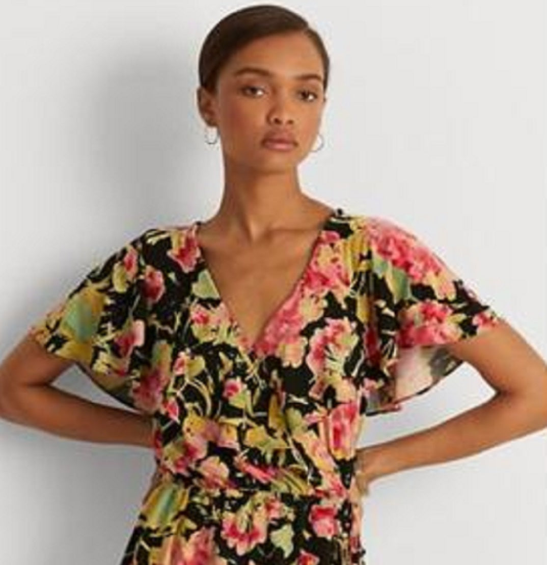 Ralph Lauren Women's Floral Ruffle Trim Surplice Jersey Top Black