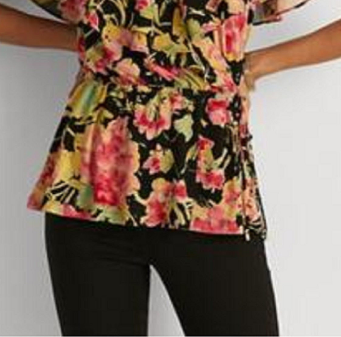 Ralph Lauren Women's Floral Ruffle Trim Surplice Jersey Top Black