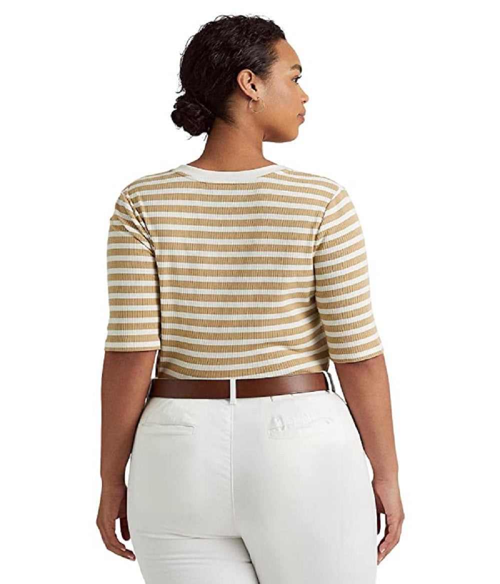 Ralph Lauren Women's Striped Cotton Blend Henley Tee Beige Size 2X