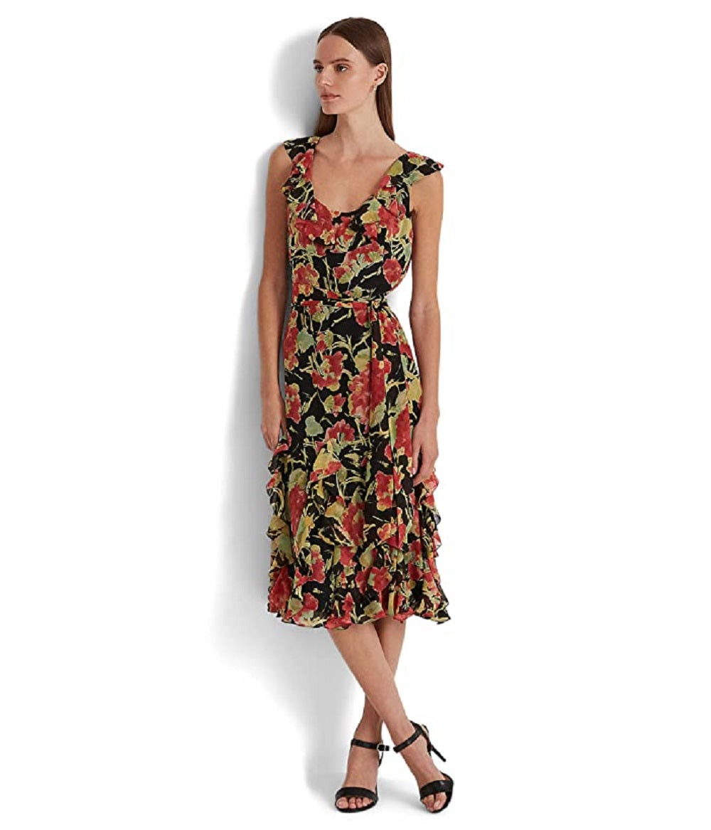 Ralph Lauren Women's Floral Crinkle Georgette Dress Black Size 2