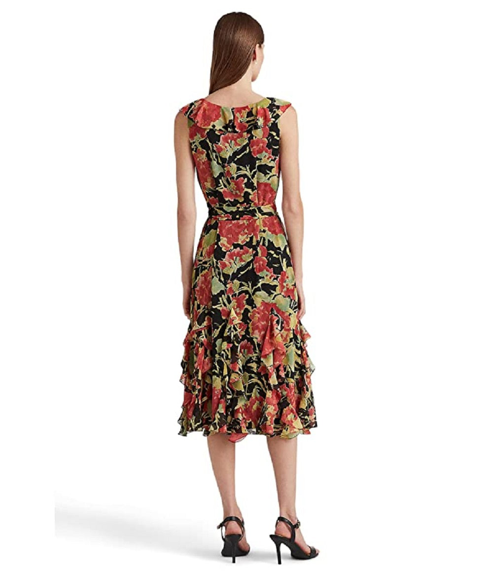 Ralph Lauren Women's Floral Crinkle Georgette Dress Black Size 2