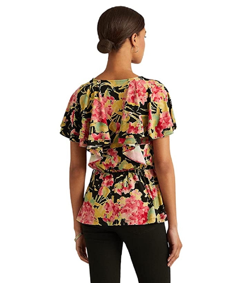 Ralph Lauren Women's Floral Ruffle Trim Surplice Jersey Top Black