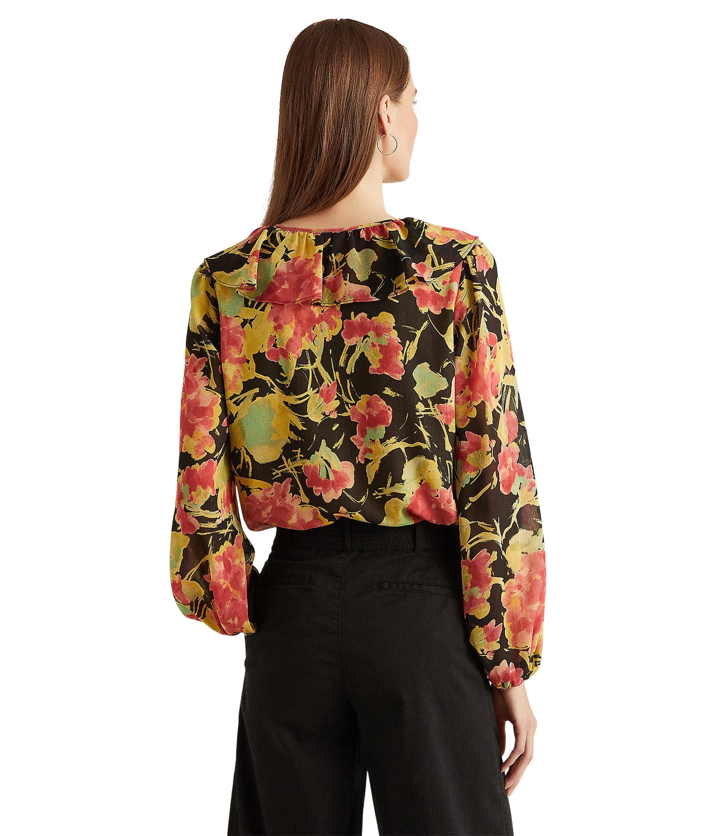 Ralph Lauren Women's Floral Crinkle Georgette Blouse Black Size Medium